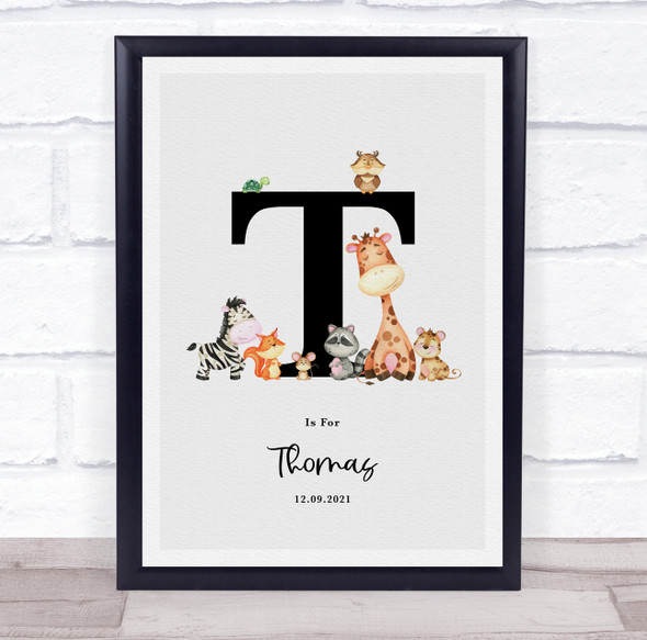 New Baby Birth Details Nursery Jungle Animals Initial T Keepsake Gift Print