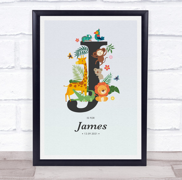 Jungle Animals Initial J Baby Birth Details Nursery Christening Gift Print