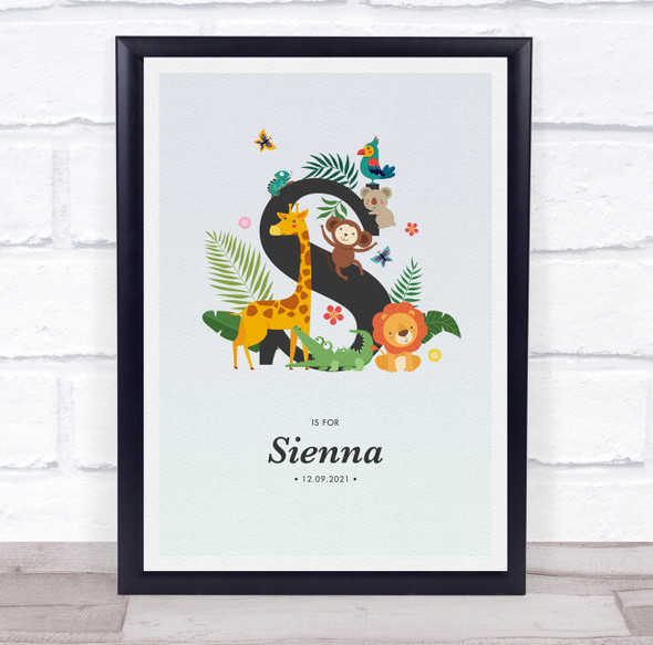 Jungle Animals Initial S Baby Birth Details Nursery Christening Gift Print