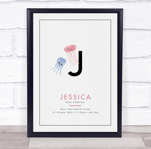 New Baby Birth Details Christening Nursery Initial Jellyfish J Gift Print