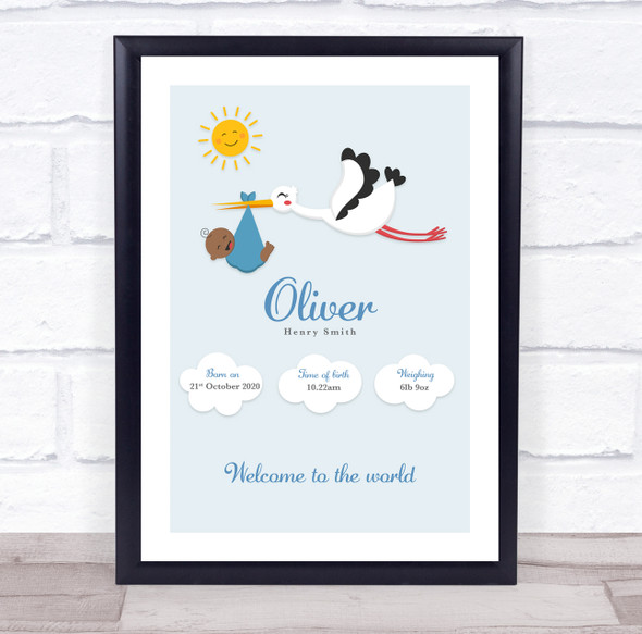 New Baby Birth Details Christening Nursery Stork Dark Skin Boy Gift Print