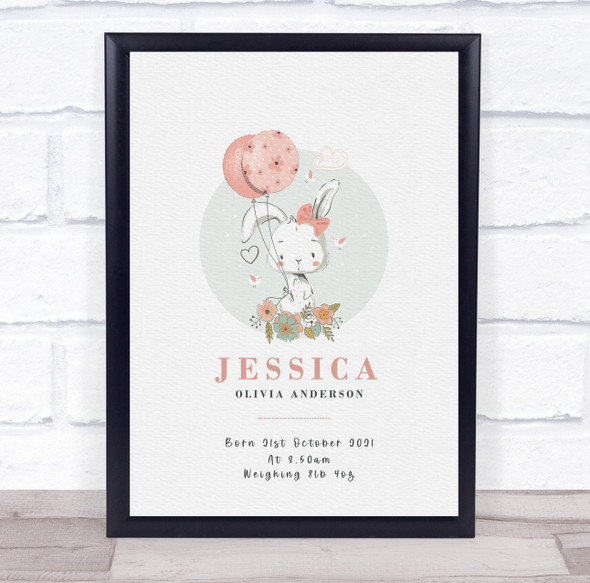 New Baby Birth Details Christening Nursery White Bunny Rabbit Gift Print