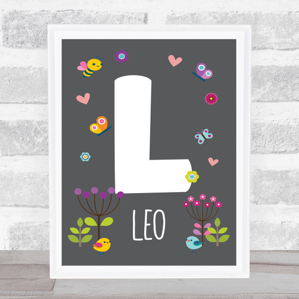 Grey Floral Butterfly Bird Initial L Personalised Children's Wall Art Print