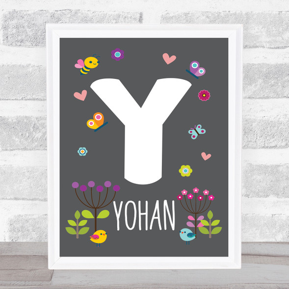 Grey Floral Butterfly Bird Initial Y Personalised Children's Wall Art Print