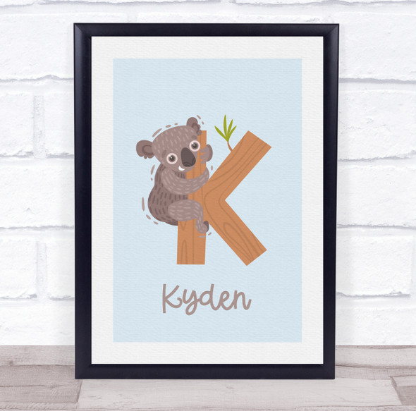 Initial Funky Letter K With Koala Personalised Children's Wall Art Print
