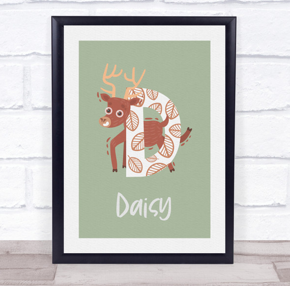 Initial Funky Letter D With Deer Personalised Children's Wall Art Print