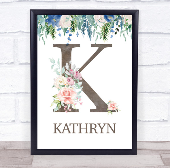 Floral Any Name Initial K Personalised Children's Wall Art Print