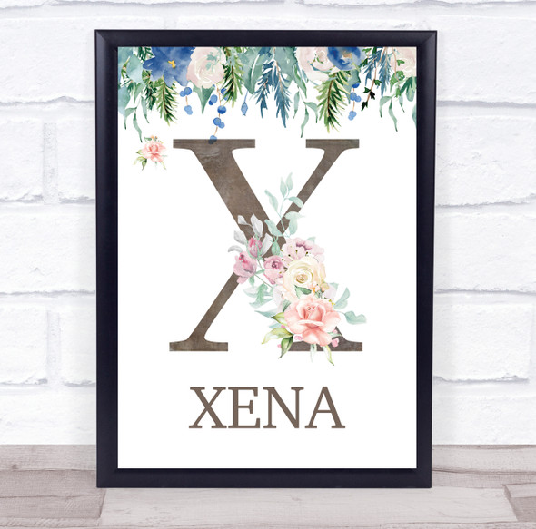Floral Any Name Initial X Personalised Children's Wall Art Print
