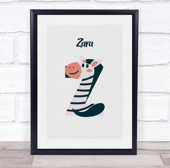 Zebra Initial Letter Z Personalised Children's Wall Art Print
