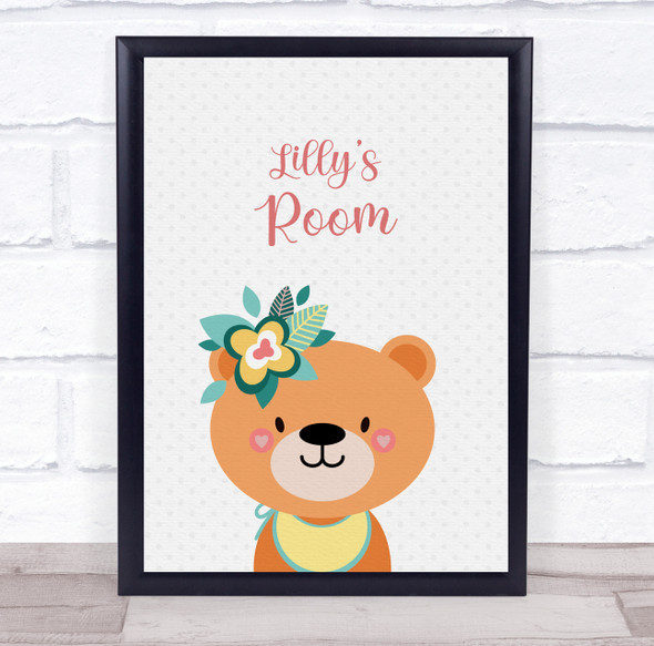 Bear Flower Hair Name Room Personalised Children's Wall Art Print