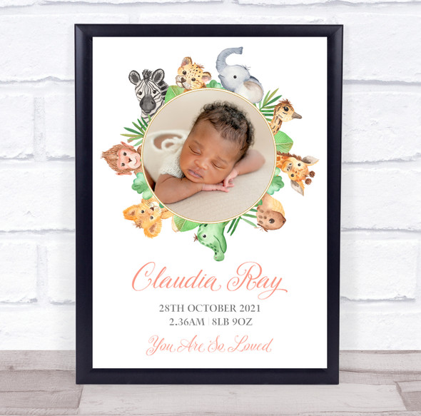 New Baby Birth Details Christening Nursery Jungle Animals Photo Gift Print