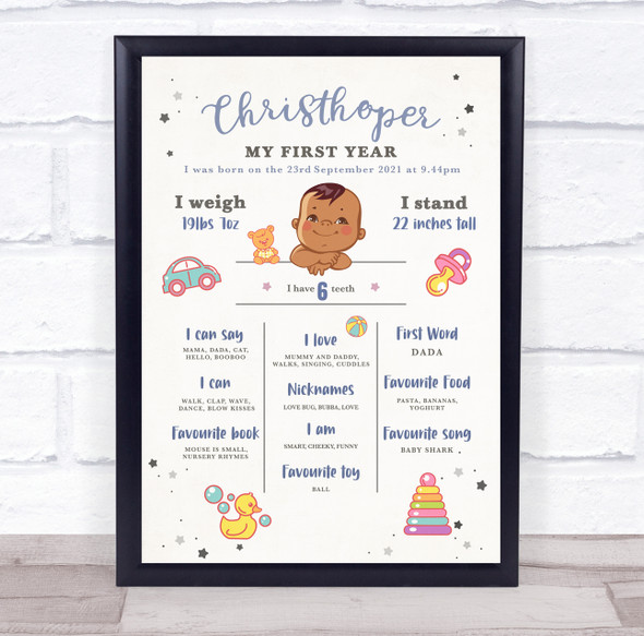 1st Birthday Dark Skin Boy First Year Milestones Achievements Interests Print