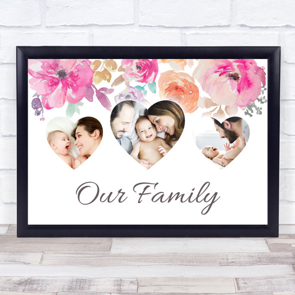 Our Family Photo Hearts X3 Bright Floral Personalised Gift Art Print