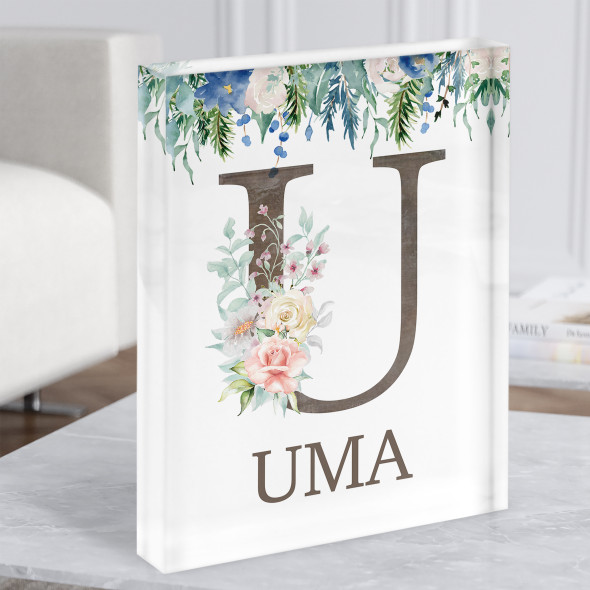 Floral Any Name Initial U Personalised Acrylic Block