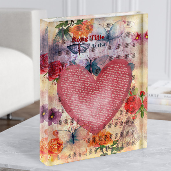 Bright Floral Heart Rose Vintage Any Song Lyric Acrylic Block