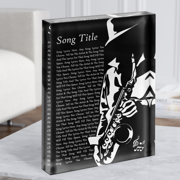Black & White Saxophone Player Any Song Lyric Acrylic Block