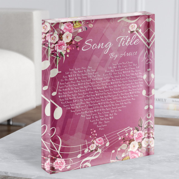 Pink Floral Music Notes Heart Any Song Lyric Acrylic Block
