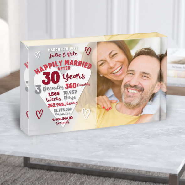 30 Years 30th Anniversary Wedding Heart Photo Personalised Gift Acrylic Block