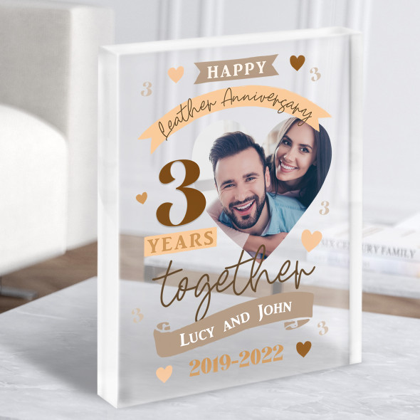 3 Years Together 3rd Wedding Anniversary Leather Photo Gift Acrylic Block