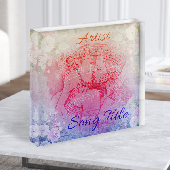 Kissing Couple Blue Pink Floral Square Any Song Lyric Acrylic Block