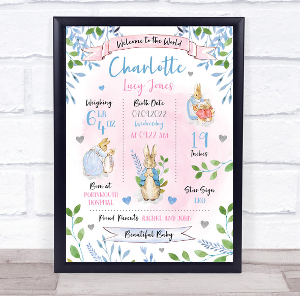 New Baby Birth Details Nursery Christening Pink Peter Rabbit Keepsake Gift Print