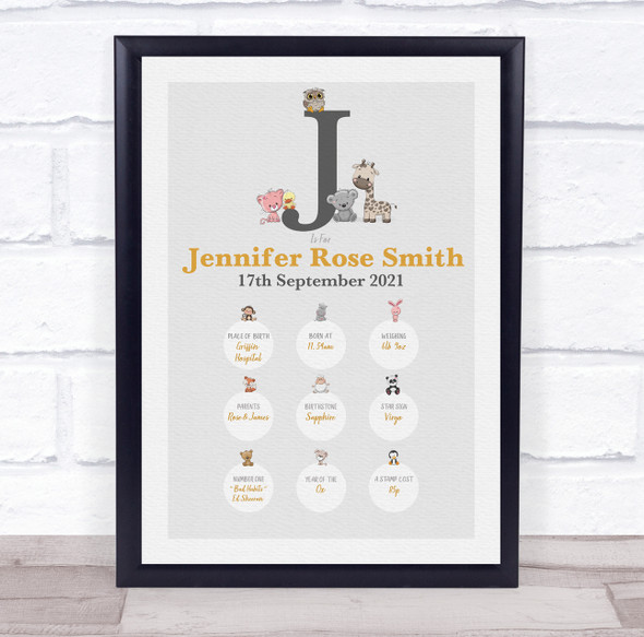 New Baby Birth Details Christening Nursery Animals Initial J Keepsake Gift Print