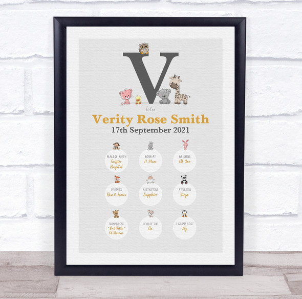 New Baby Birth Details Christening Nursery Animals Initial V Keepsake Gift Print