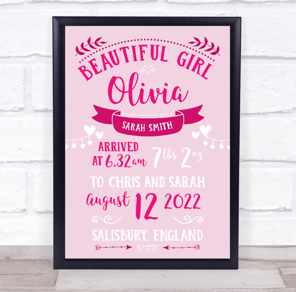 New Baby Birth New-born Nursery Christening Pink Typographic Keepsake Gift Print