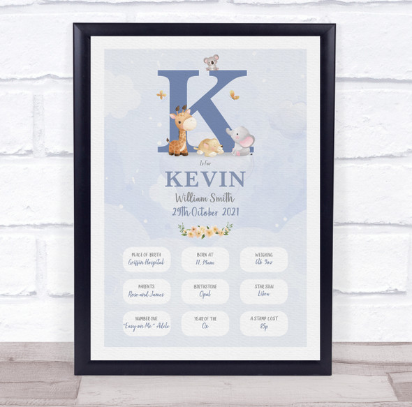 New Baby Birth Details Christening Nursery Blue Initial K Keepsake Gift Print