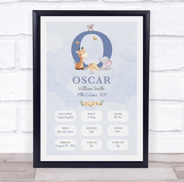 New Baby Birth Details Christening Nursery Blue Initial O Keepsake Gift Print