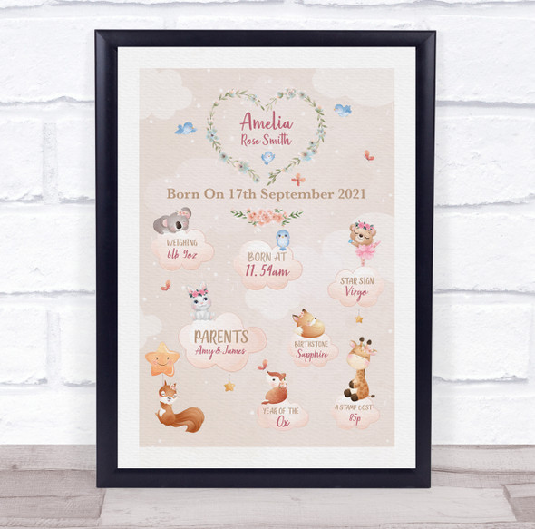 New Baby Birth Details Christening Nursery Peach Animals Keepsake Gift Print