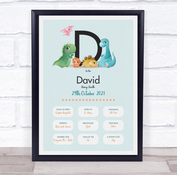 New Baby Birth Details Christening Nursery Dinosaur Initial D Gift Print