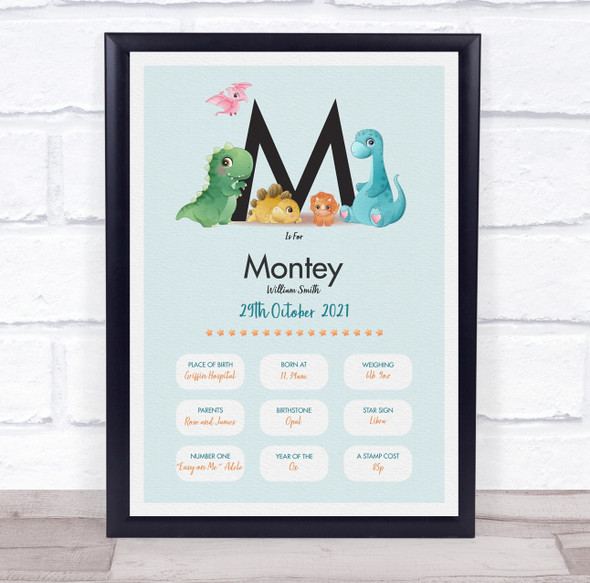 New Baby Birth Details Christening Nursery Dinosaur Initial M Gift Print