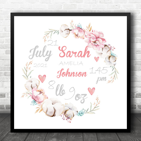 New Baby Birth Details Christening Nursery Square Floral Wreath Gift Print