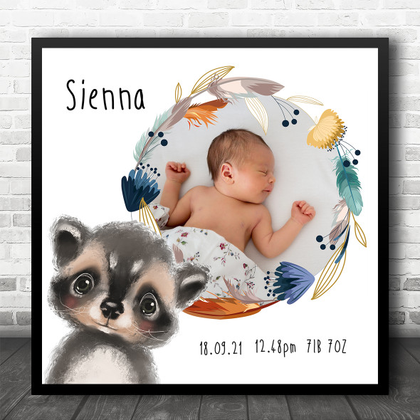 New Baby Birth Details Christening Nursery Raccoon Photo Square Gift Print