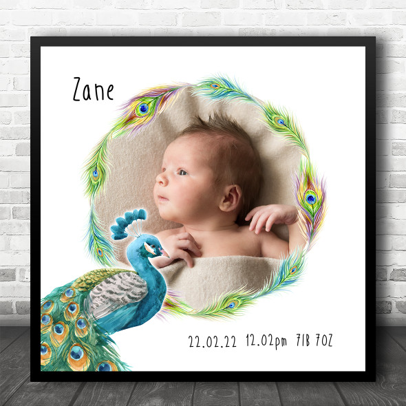 Birth Details Nursery Christening New Baby Square Peacock Photo Gift Print