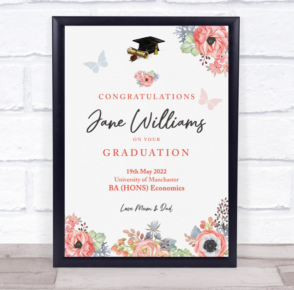 Floral And Butterflies Congratulations Graduation Personalised Gift Print