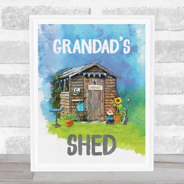Granddad's Shed Scene Painted Blue Green Personalised Wall Art Gift Print
