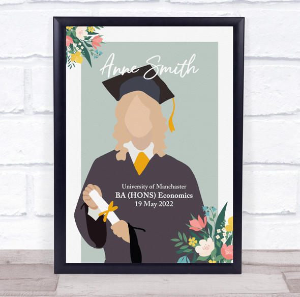 Light Hair Graduation Girl With Diploma Personalised Wall Art Gift Print