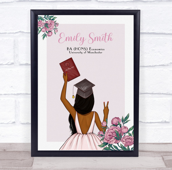 Pink Flowers Brown Skin Graduate Girl Graduation Congratulations Gift Print