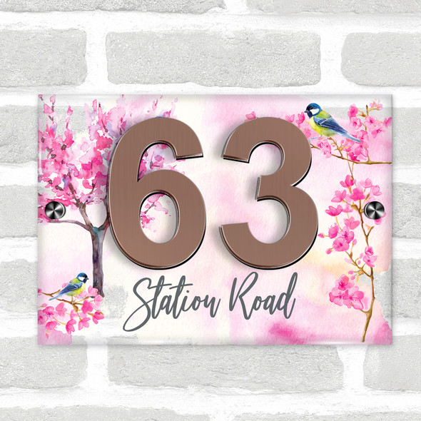 Blossom Cherry Tree Pink Blue Bird 3D Modern Acrylic Door Number House Sign