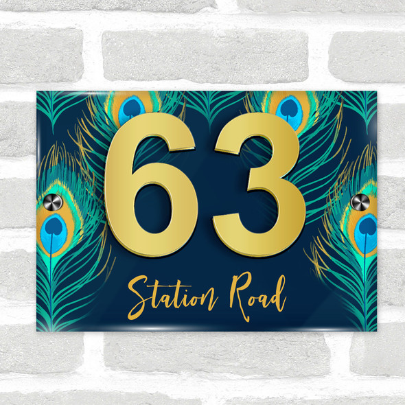 Peacock Feathers Blue Green Navy 3D Modern Acrylic Door Number House Sign