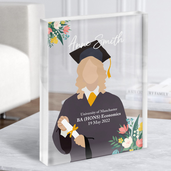 Light Hair Graduation Girl With Diploma Personalised Gift Acrylic Block