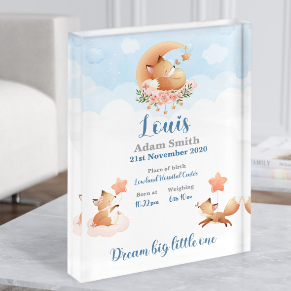 New Baby Birth Details Christening Nursery Watercolour Foxes Gift Acrylic Block