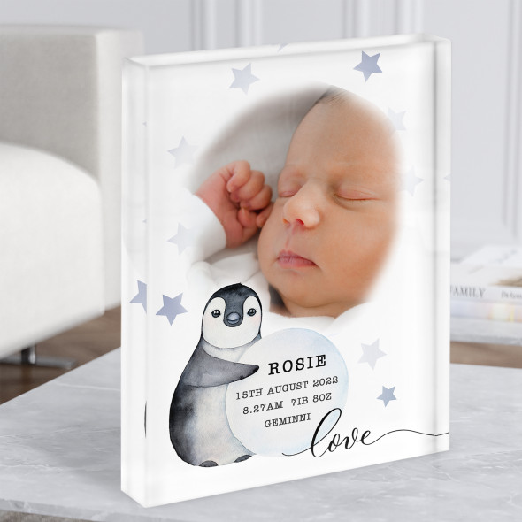 Birth Details Nursery Christening New Baby Penguin Stars Photo Acrylic Block