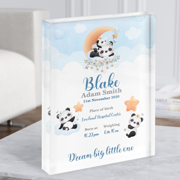 New Baby Birth Details Christening Nursery Panda Bears Gift Acrylic Block