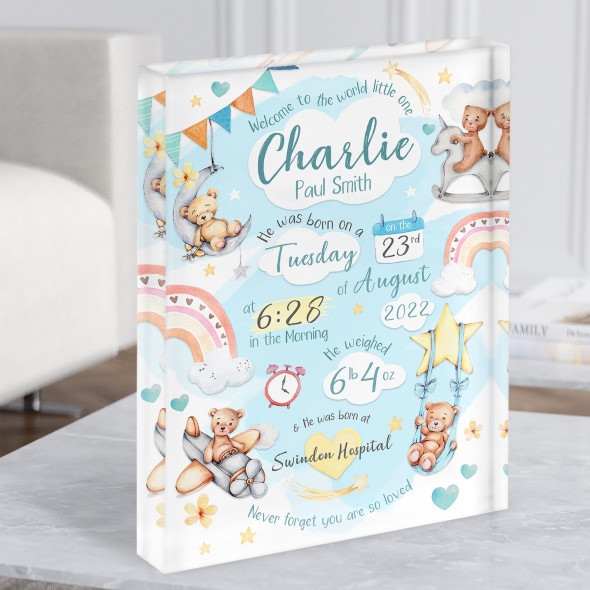 New Baby Birth New-born Nursery Christening Boy Bears Gift Acrylic Block