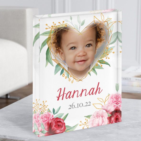 Birth Details Nursery Christening New Baby Rose Photo Gift Acrylic Block