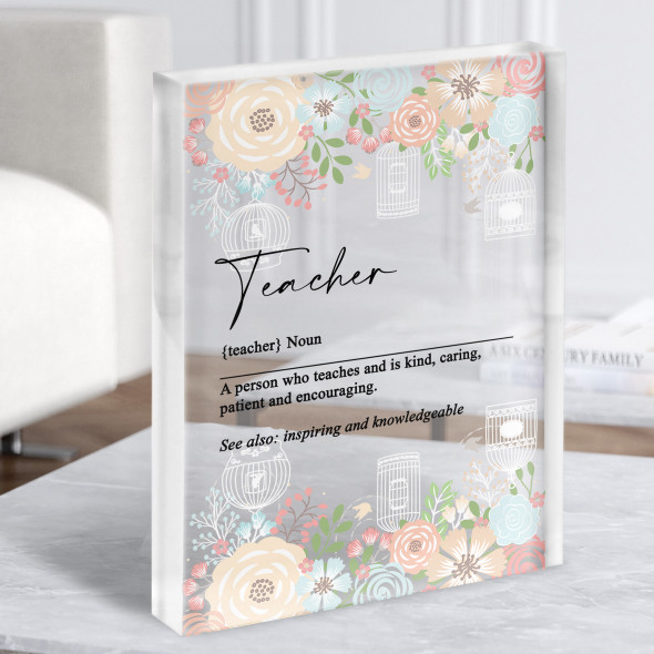 Noun Teacher Word Definition Floral Shabby Chic Personalised Gift Acrylic Block