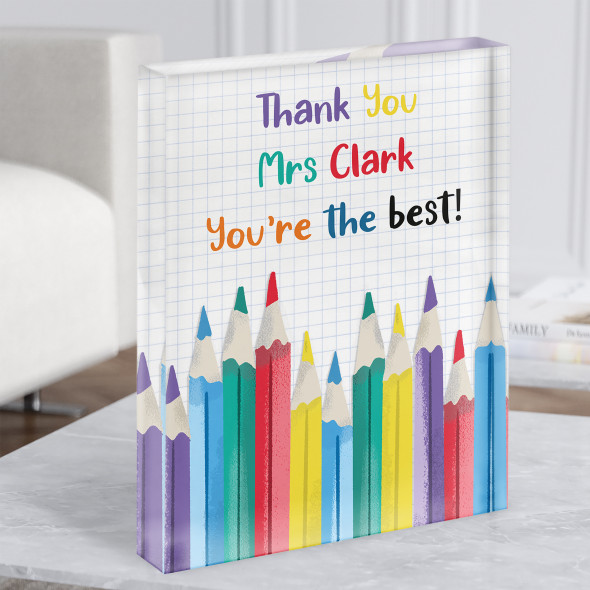 Thank You Teacher Pencils Colourful Personalised Gift Acrylic Block